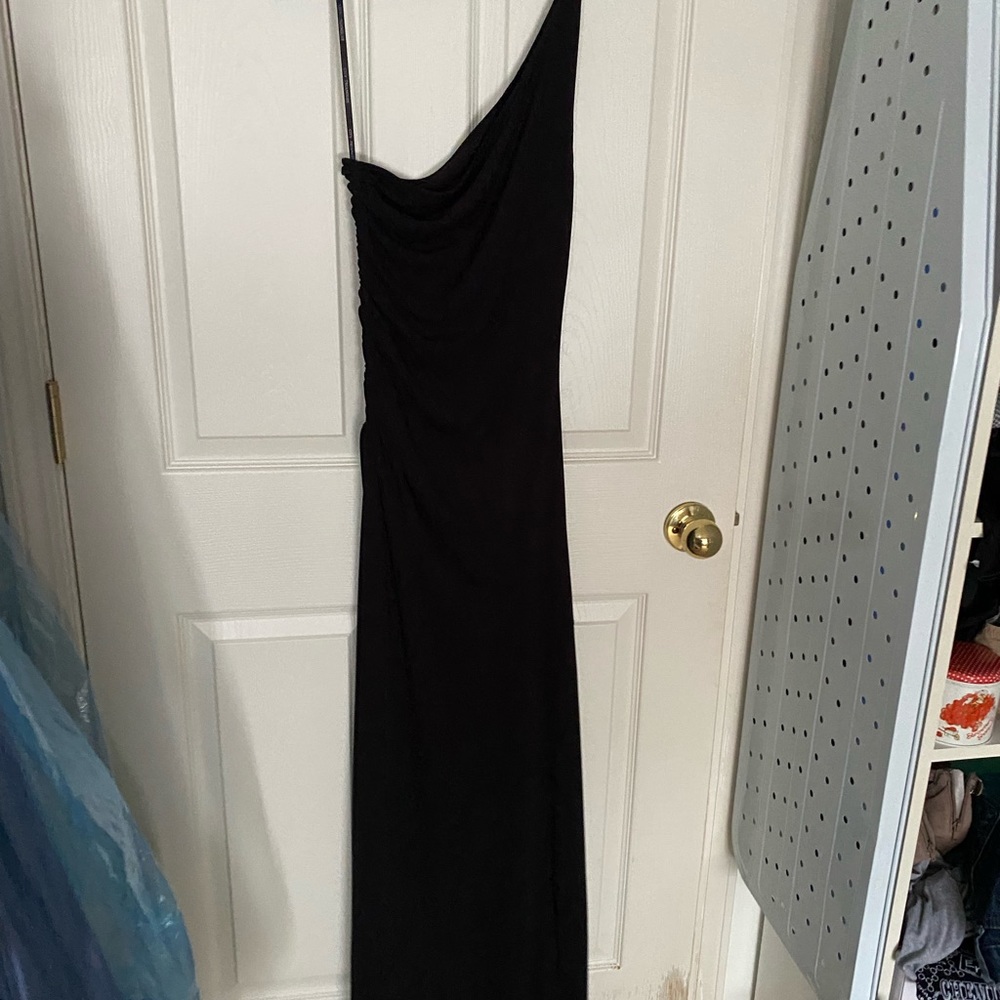 Black one shoulder dress with slit